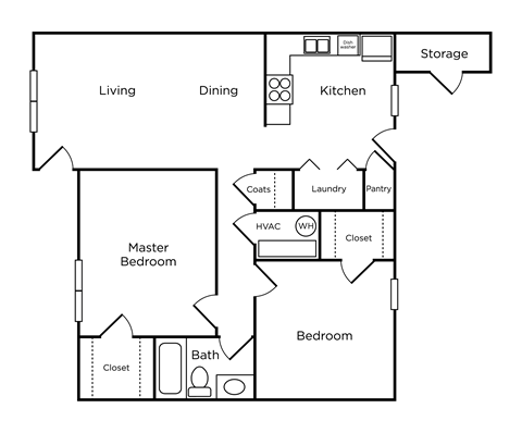 Floor plan for 2 beds, 1 bath, 944 sqft